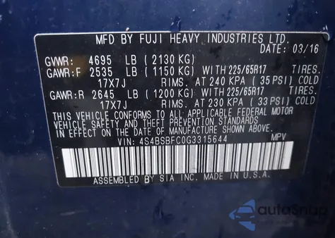 2016 Subaru Outback 2.5I Premium из США, поврежденный, VIN 4S4BSBFC0G3315644